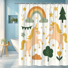 Cute Unicorn Shower Curtain with Rainbow and Stars, Kids Bathroom Decor