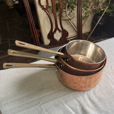 Lot 3 Vintage French Style Copper Saucepan Brass Handles Stainless Steel Lined