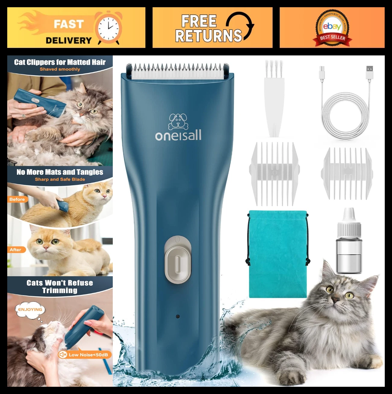 Pet Clipper for Cats - Quiet Waterproof Cordless Shaver for Matted Long Hair