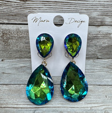 Mara Design 2" Green Double Teardrop Earrings, Dangle, Clip-On NEW #ER1420C OLIX