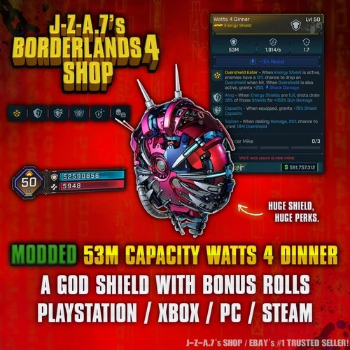 Borderlands 4✨ MODDED 53M CAPACITY WATTS 4 DINNER SHIELD BL4 ✅PC-PS-XBOX✨