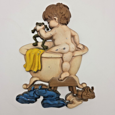 Vtg Bathroom Wall Decor Boy Getting Into Tub w/ Frog Metal Sexton Made In USA