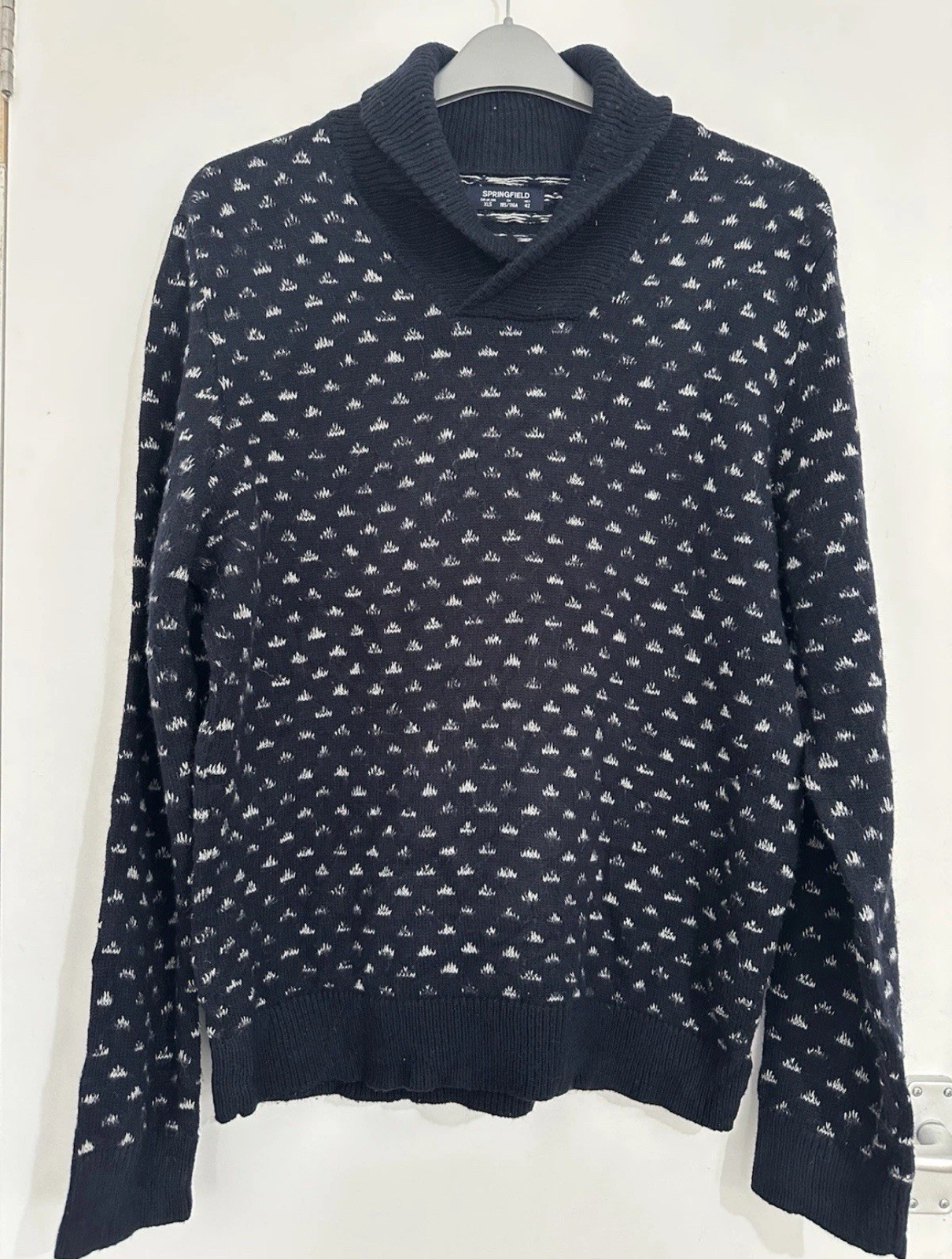 Springfield Men Navy With White Fleck Shawl Collar Wool Blend Jumper Size XL