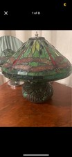 Tiffany Stained Glass Dragonfly Table Lamp Green Shade Pull Chain Glass Metal