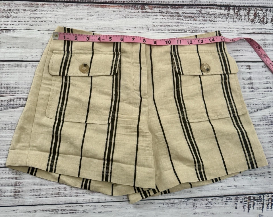 Pantalones Cortos Informales Tory Burch Edna Frente Plano Tiro Alto Lino a Rayas Talla 8 Beige Foto 3 de 4