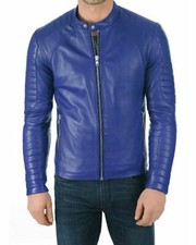 Veste bleue tenue tendance pour hommes manteau veste de moto en cuir d'agneau...