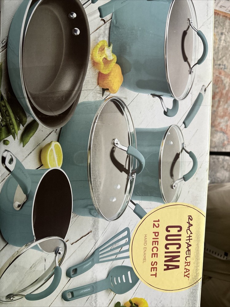 RACHAEL RAY 12 PIECE CUCINA NONSTICK POTS AND PANS SET, AGAVE BLUE 90a