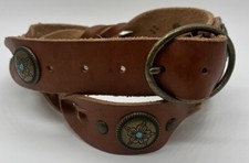 Vintage Leather Belt Braided Brass Concho Blue Center Large 34  -38  Unisex