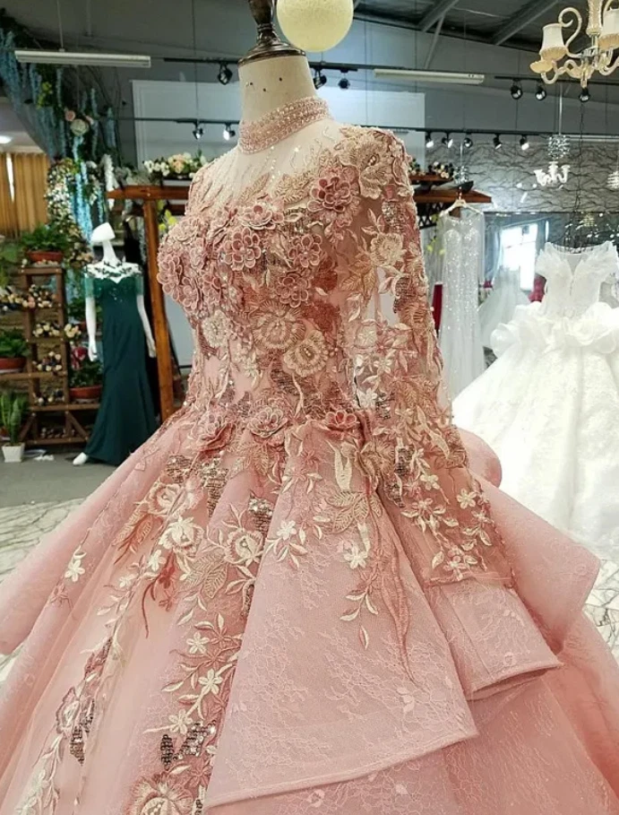 Lujosos vestidos de novia rosa de encaje línea A con mangas largas D cordones florales Plus Foto 4 de 4