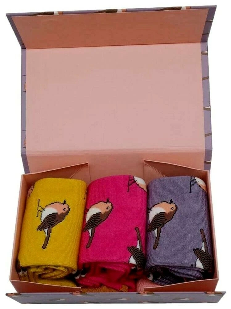 Robin Socks Gift Box 3 Pair Pack Ladies Robins Birds Cute Bird Bamboo Cotton