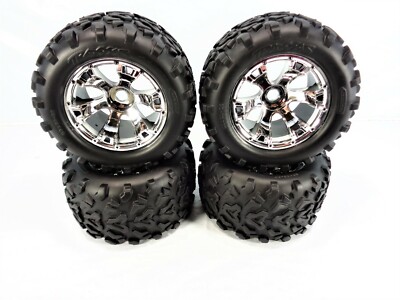 4 Traxxas Revo 3.3 17mm Chrome Geode Wheels and Maxx Tires T-maxx E-Revo Summit