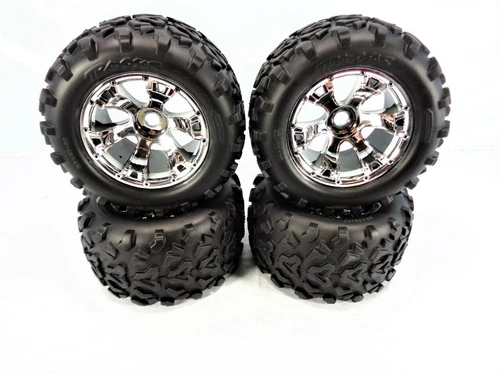 4 Traxxas Revo 3.3 17mm Chrome Geode Wheels and Maxx Tires T-maxx E-Revo Summit
