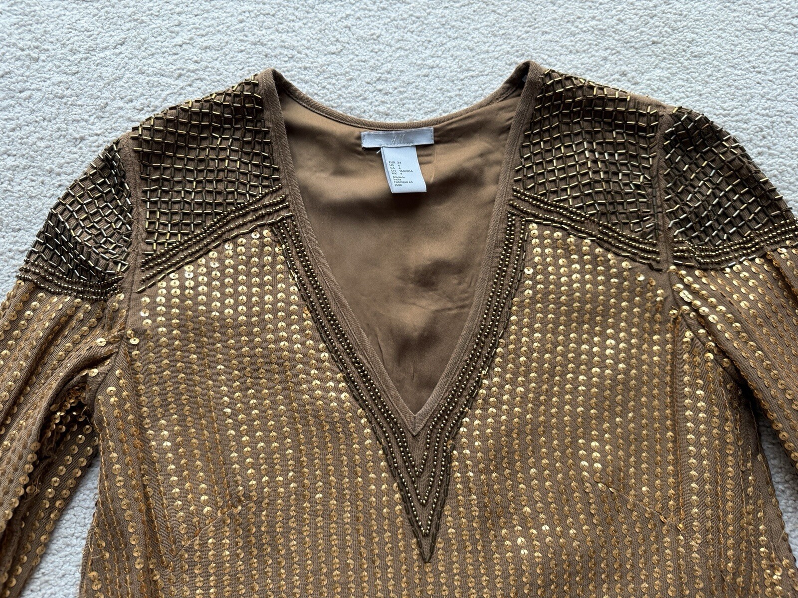 H&M Trend Embellished Hand Beaded Gold Bronze Sequins Beads Blouse Shirt Top 4 image 3