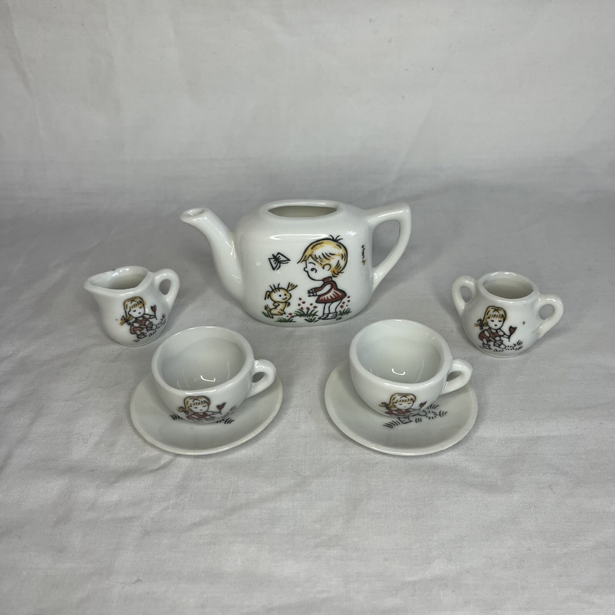 Vintage Miniature Ceramic Tea Set Hand Painted 7 Piece Set White