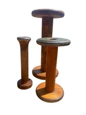 3 Vintage Wooden Textile Bobbins Rustic Patina & Green/Yellow Accents