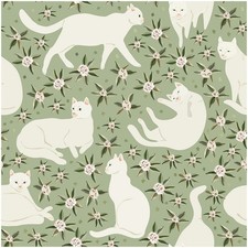 Cat Wallpaper Peel and Stick Floral Animal Sage Green/Cream Self Adhesive Wal...
