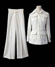 Vintage 70's White Bell Bottoms Leisure Pants Suit Unworn Polyester 2 Piece XS/S
