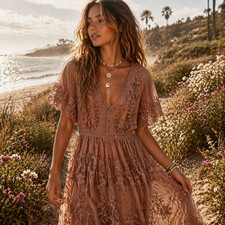 POL Lace Boho Maxi Romper Mauve S/M Sheer Embroidered Mesh Overlay Festival