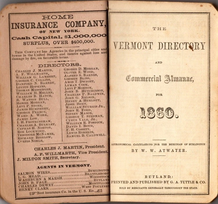 The Vermont Directory No. VI, 1860, Civil Government , Map MANY pages of adds - Image 4 of 4