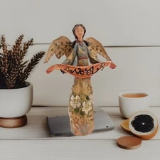 Angel Figurine Noel Banner Roman Inc Flowers Star Heart Christmas Resin 10" Tall