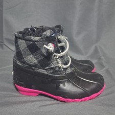 Sperry Saltwater Girls 8M Rain Duck Boots Black Plaid Pink