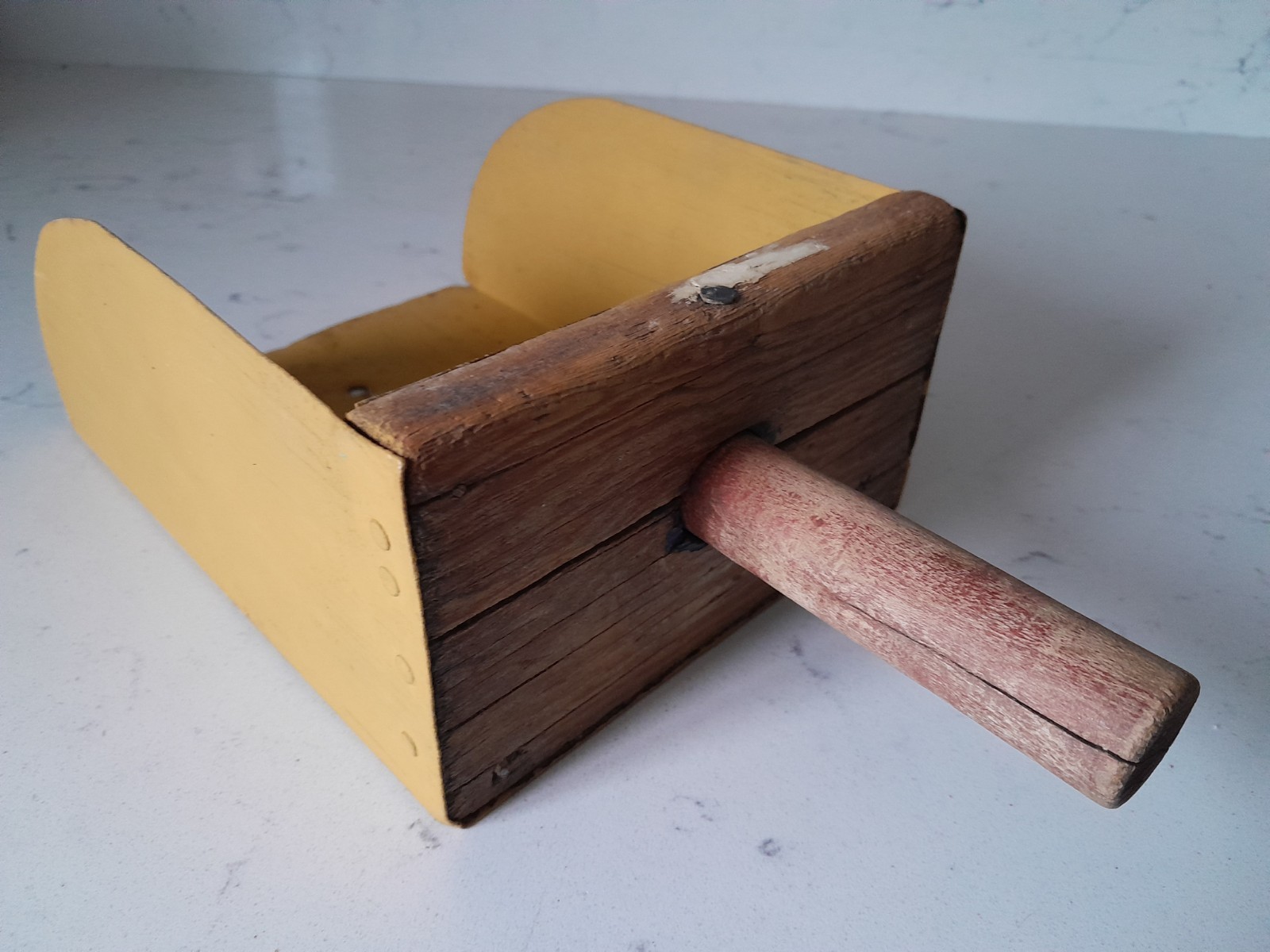 Antique Primitive Feed Scoop Yellow Metal with Aged Wooden Handle Farmhouse 