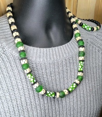 24in Tribal Necklace Set, Green African Venetian Trade Beads, Carved Bone Beads
