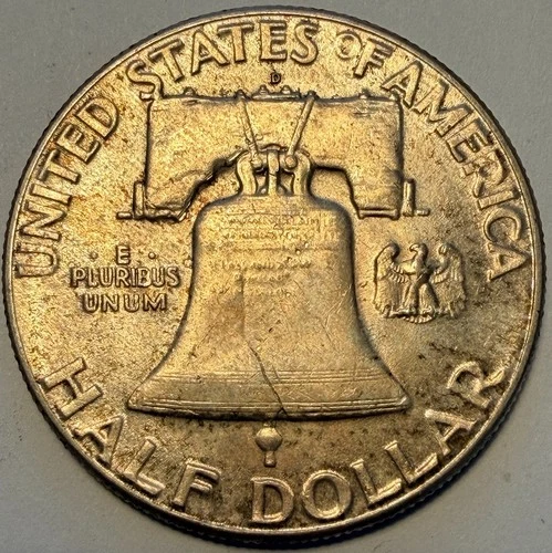 1948-D Franklin Half Dollar, BU, Toned, Full Bell Lines FBL (lot 42)