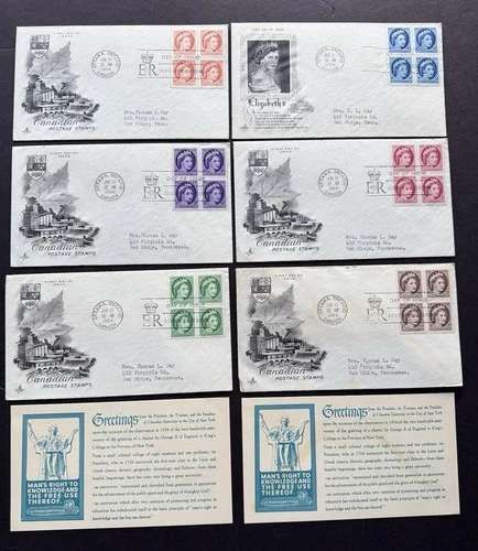 Canada 1954 FDC Set +QEII Definitive #337-42 +6 FDCs +President Columbia U Card