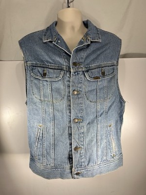 Vtg Lee Mens Med Flannel Lined Denim Vest Trucker Jean Plaid 90s Jacket Hipster