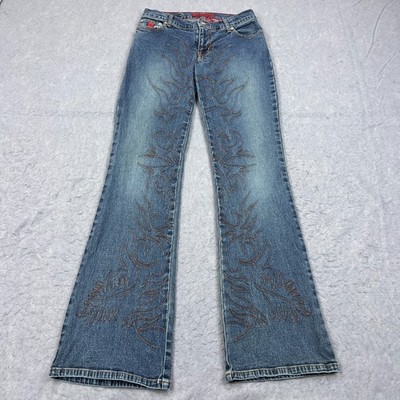VTG Bongo Jeans Women's 5 Blue Denim Embroidered Flame Low Rise Bootcut 26x32