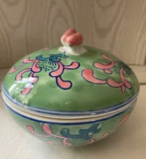 Ben Rickert Hand-Painted Blue, Green & Pink Ceramic Bowl w/Cover Made in China