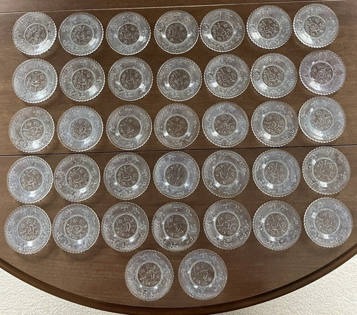 Lot of 37 Heart & Lyre Art Glass Cup Plates Place Card Holder VTG Wedding Favors