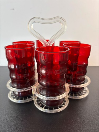 VTG ANCHOR HOCKING TWIRLY WHIRLY 6 RUBY RED TUMBLER GLASSES LUCITE&PLASTIC CADDY