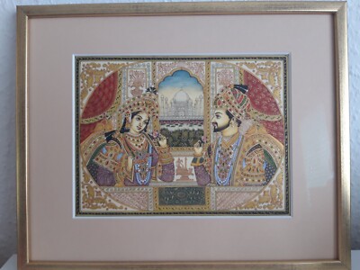 Indische Miniaturporträt Kaiser Shahjahan-Mughal und Königin Mahal-Mughal 15x20