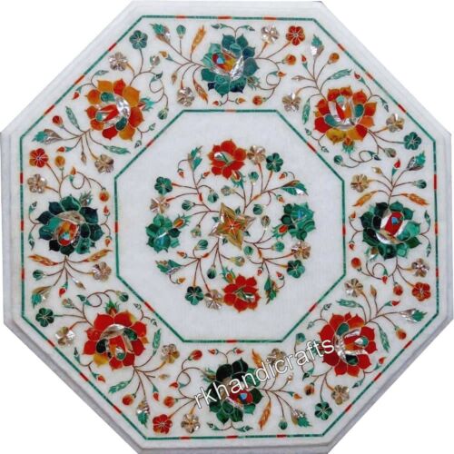 15 Inches Marble Coffee Table Top Shiny Gemstone Inlay Work Office Decor Table