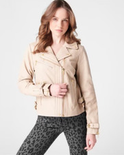Biba Leather Biker Jacket Coat Womens Stone Size Uk 8 #ref131