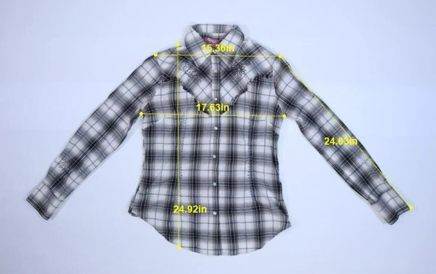 Camisa occidental a presión de perlas bordadas borde crudo manga corta a cuadros Roar para mujer L Foto 2 de 4