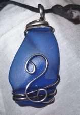 Sea Glass Necklace Jewelry w/ Deep Blue Rectangular Pendant Wire Wrapped