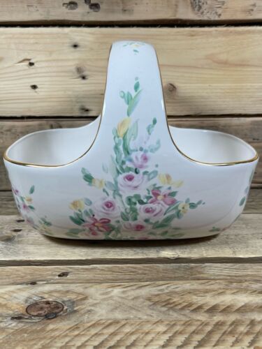 Telaflora Geschenkkorb 9”x7” weiß Blumen Schale Goldrand Griff Keramik Kunst Schale - Bild 4 von 12