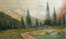 Antique oil painting landscape mountain forest road	