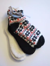 Ellen Tracy 3 Pr Women's Warm Fuzzy Chenille Slipper Socks Red Black Snowflake