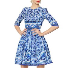 DOLCE & GABBANA BLUE SILK MAJOLICA PRINTED DRESS SIZE 38