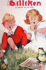 CHILDREN and LAUGHING FROG READING BILLIKEN Art Cover 1921 Spanish Magazine