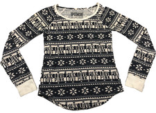 I Only Sleep In PINK Womens Sleep Shirt Sz M Black Ivory Fair Isle Long Sleeve