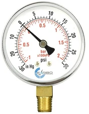 1-1/2" Vacuum Gauge-Chrome Plated Steel Case, 1/8"NPT, Lower Mnt. -30Hg/+30 psi