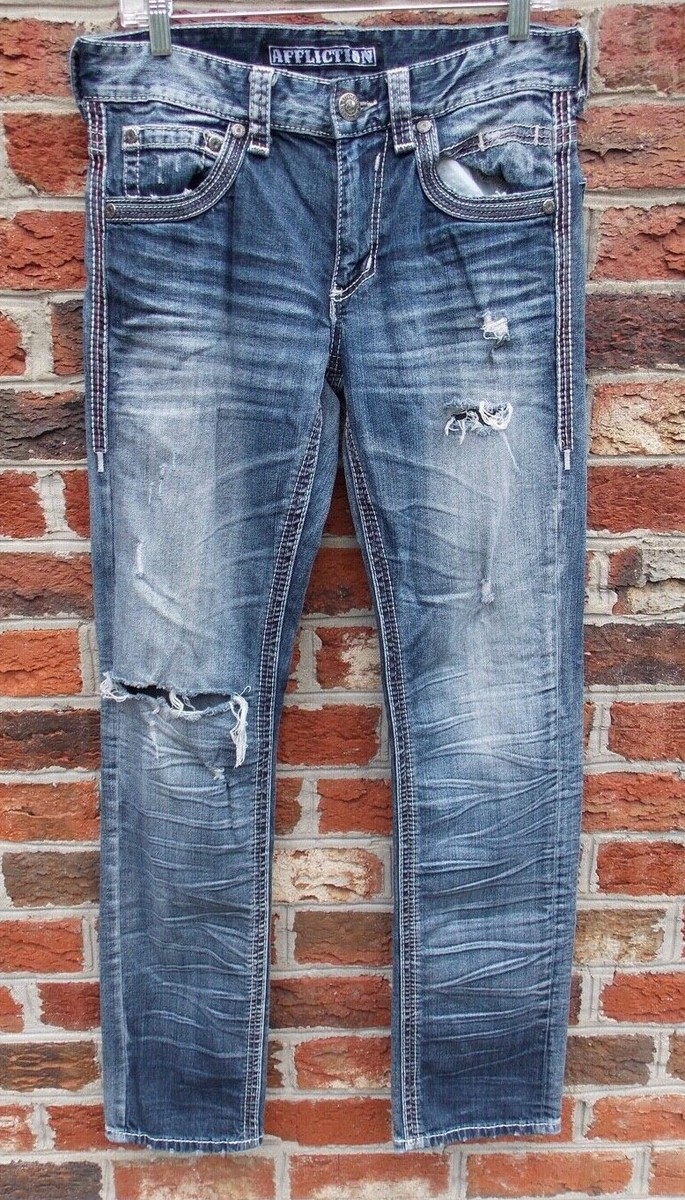 Affliction Jeans Gage Men's 30x34 Fleur Distressed  Blue Stretch