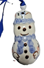 Polish Pottery BOLESLAWIEC Pottery Snowman Frosty Ornament 3 in Pale Blue Floral