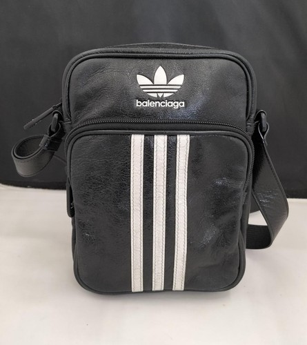 Balenciaga x Adidas Leather Crossbody Bag Black 3 Stripe Trefoil Logo 6.1in