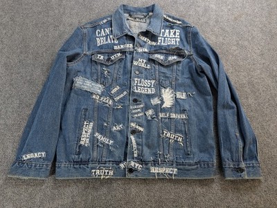 Abercrombie & Fitch Mens XL Distressed Denim Trucker Jacket Patchwork Blue Jean